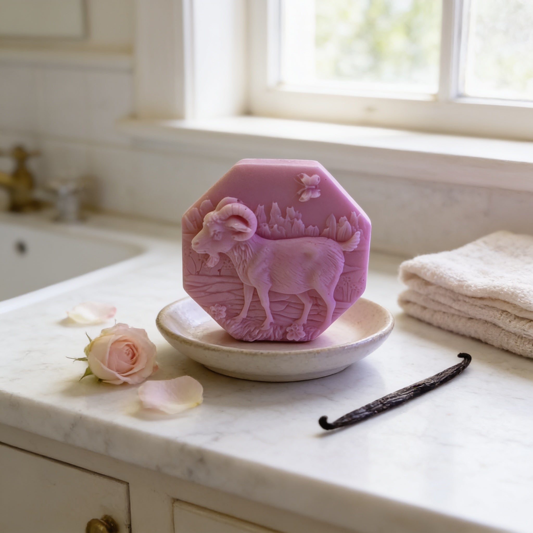 A pink soap dish with a goat design sits on a white countertop, accompanied by a rose, a vanilla stick, and a folded towel.