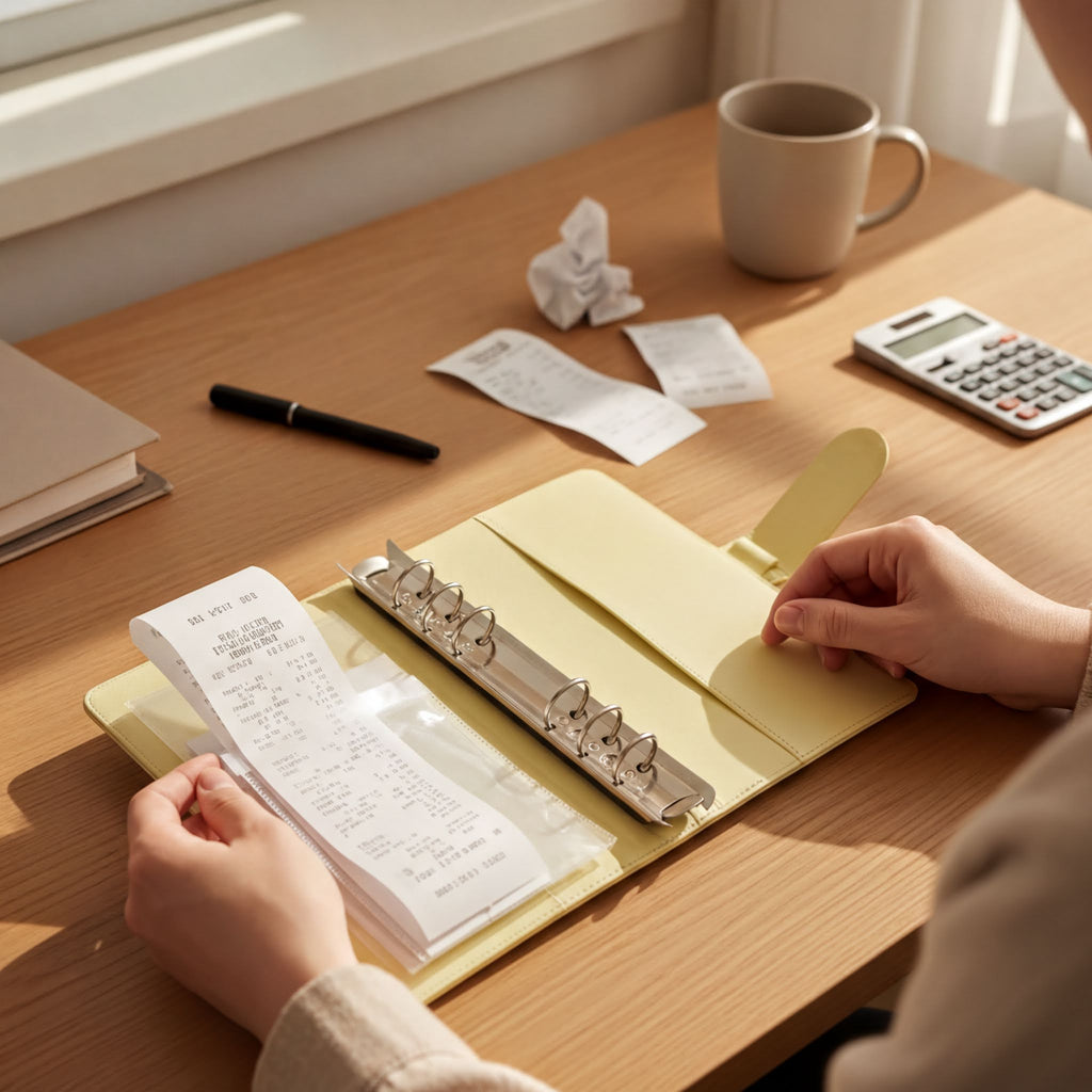 A person is sitting at a desk, looking at a yellow binder with a receipt inside, surrounded by various office supplies and a calculator.