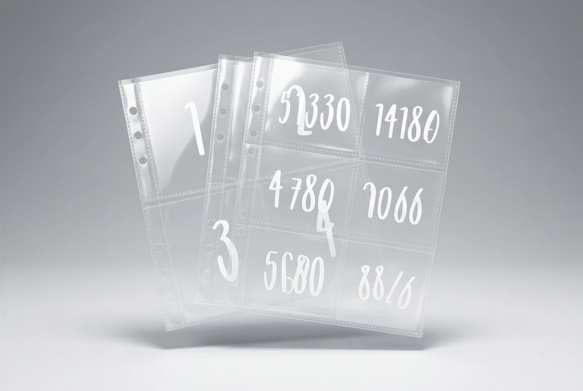 A set of clear plastic sleeves with numbers printed on them, arranged in a grid-like pattern.