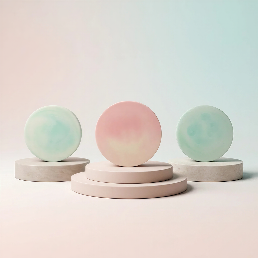 three circular objects, each with a different color: a light blue circle, a pink circle, and a light green circle, arranged on a light pink pedestal.
