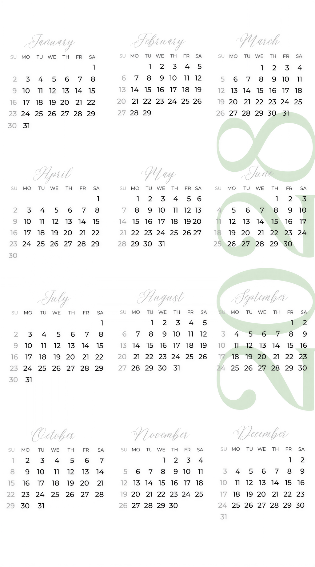 The image is a calendar for the months of the year, showing the days of the week and the dates for each month.