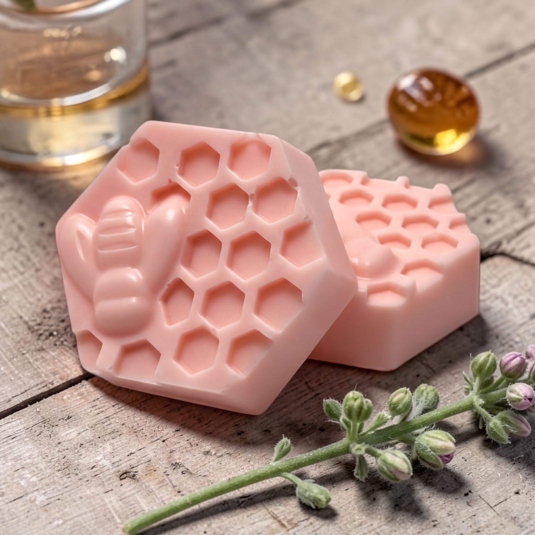 Pink honeycomb-textured goat milk soap bars with bee design, natural ingredients, rustic wood background