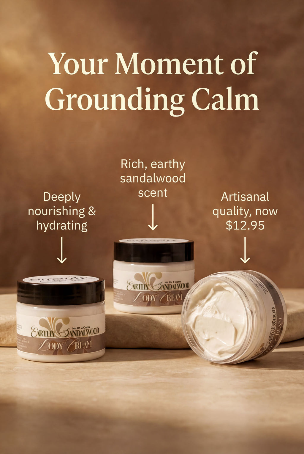three jars of body cream with a focus on their calming scent, placed on a wooden surface.