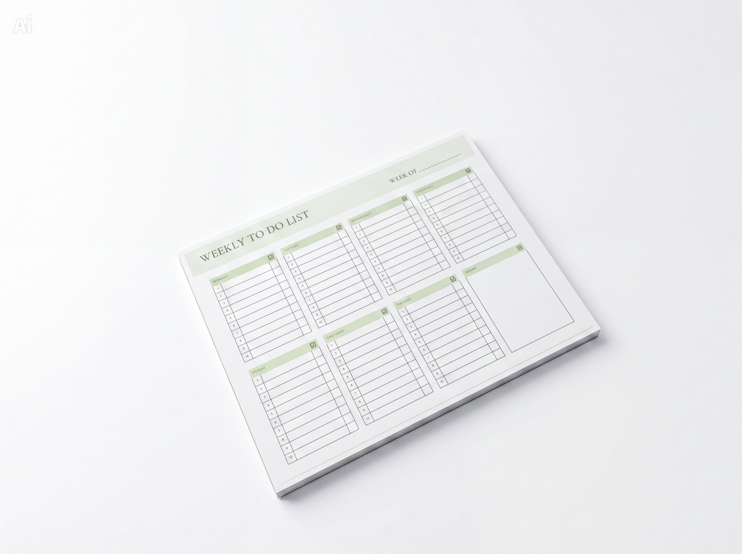 a white weekly to-do list with a green border, placed on a white surface.