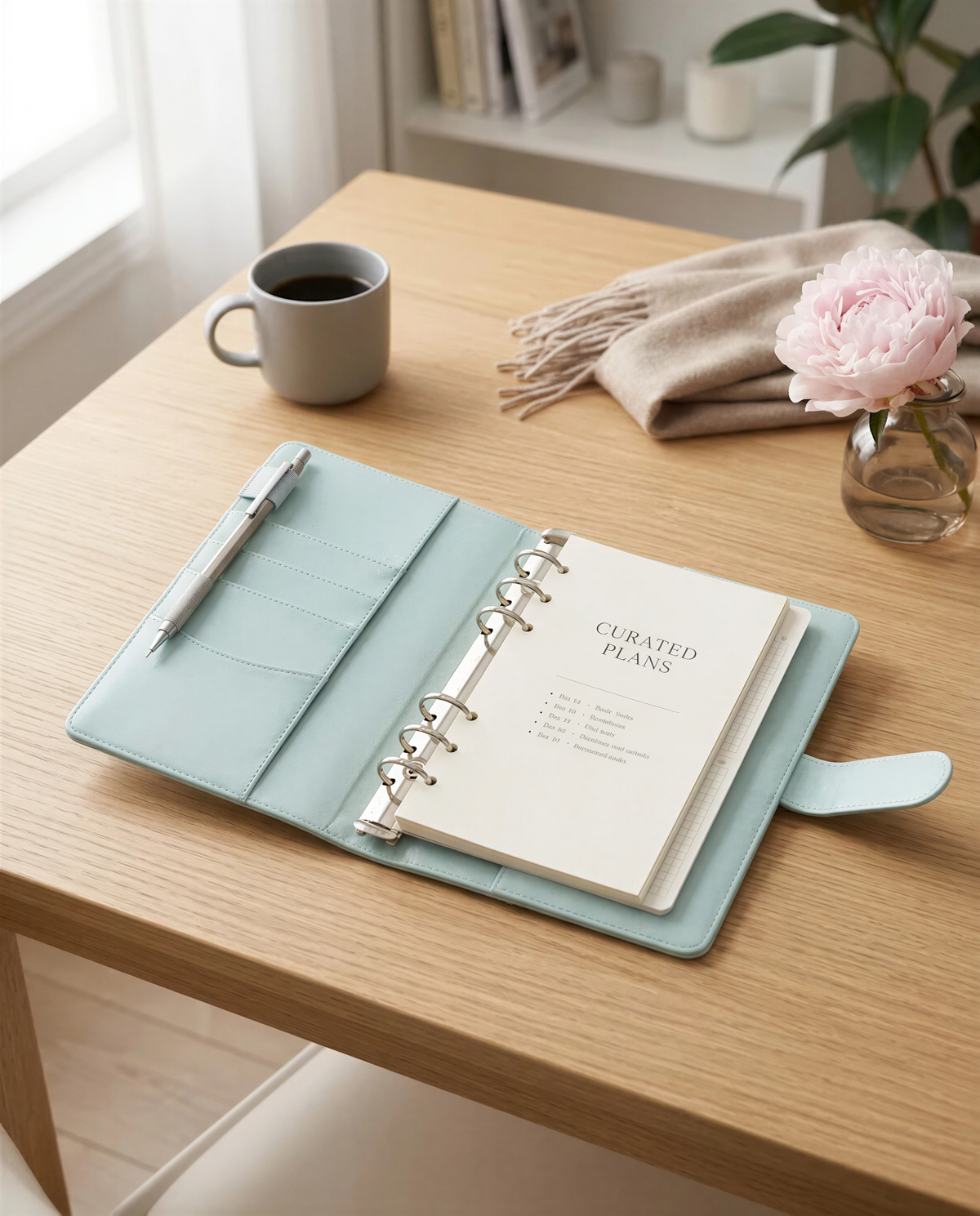 a light blue notebook with a pen and a cup of coffee on a wooden desk, with a vase of pink flowers and a framed picture in the background.