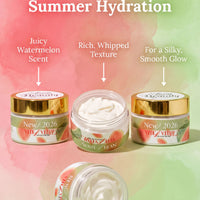The image is an advertisement for a skincare product, featuring three jars of the product with different scents and textures.