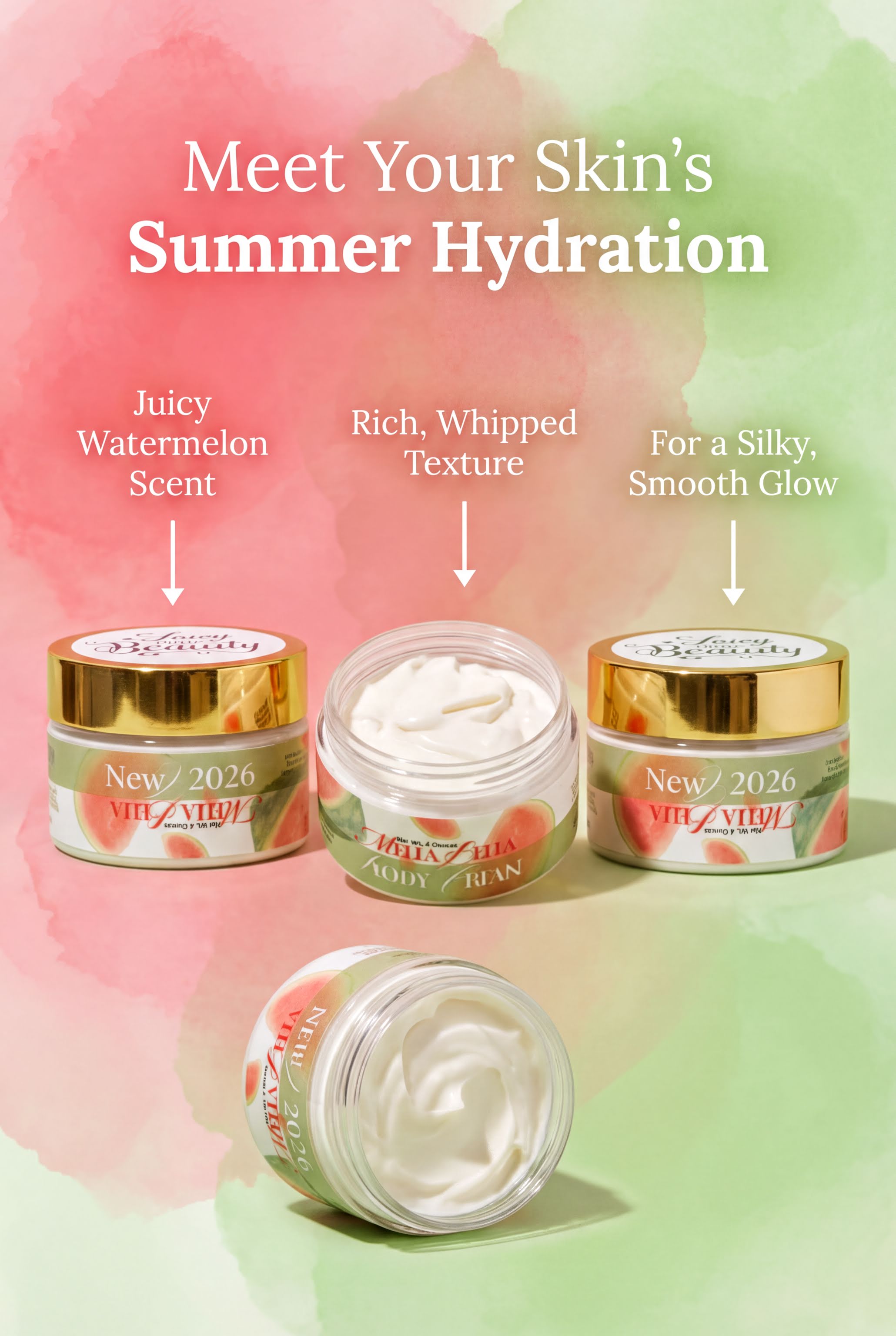 The image is an advertisement for a skincare product, featuring three jars of the product with different scents and textures.