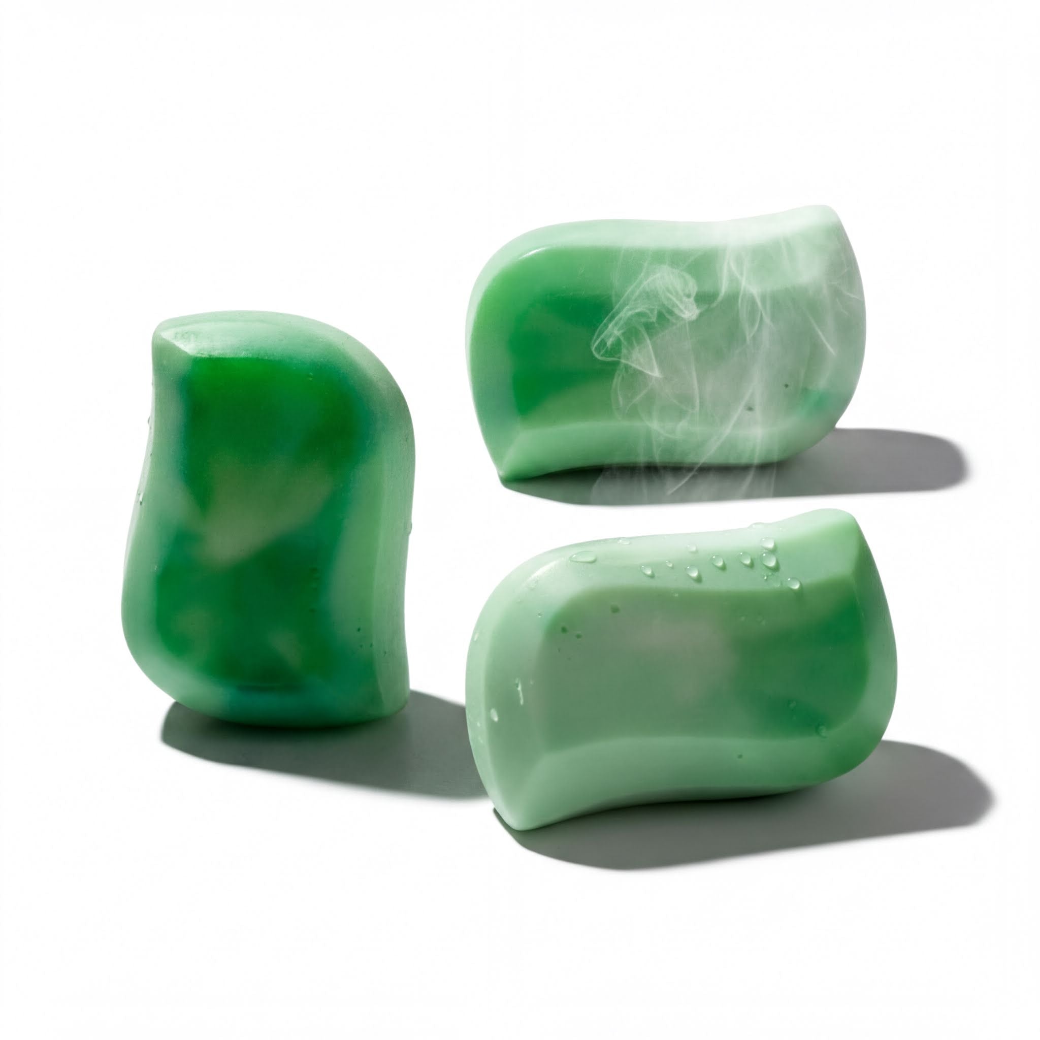 Three green barsoaps with water droplets on them are arranged on a white background.