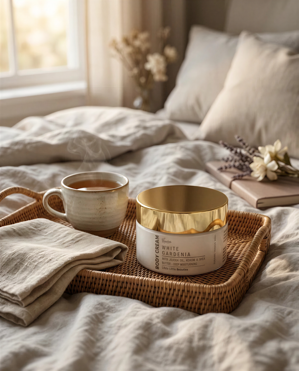 A tray with a white jar, a white mug, and a book rests on a bed with a white comforter and pillows.