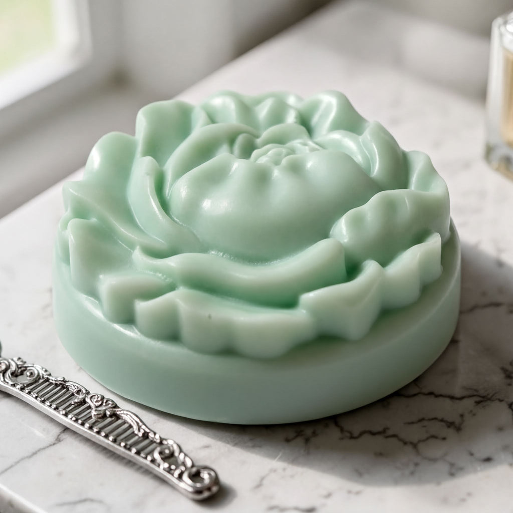 A round, green soap with a flower-shaped design sits on a marble countertop next to a silver comb.