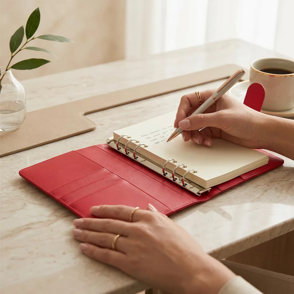 A person's hands are seen writing in a red notebook on a marble countertop, with a cup of coffee nearby.