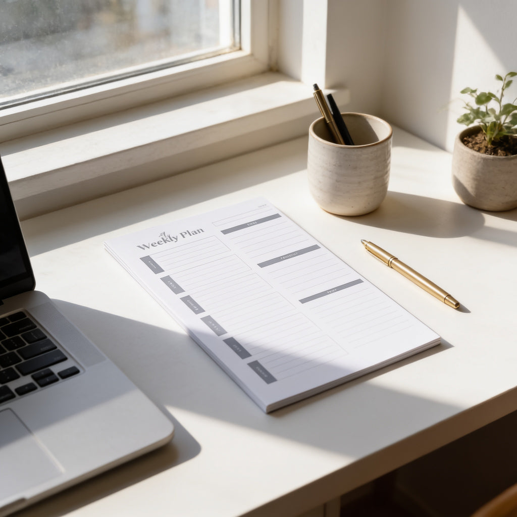 a workspace with a laptop, a notebook with a weekly plan, a pen, and a small plant on a windowsill.