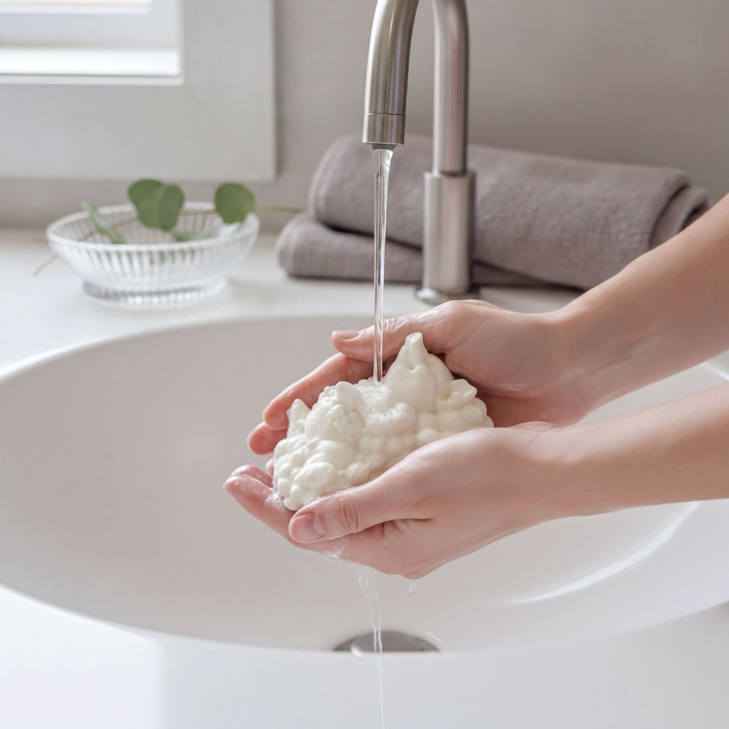 A person's hands are shown washing their hands under a faucet, with a bowl of leaves and a towel visible in the background.