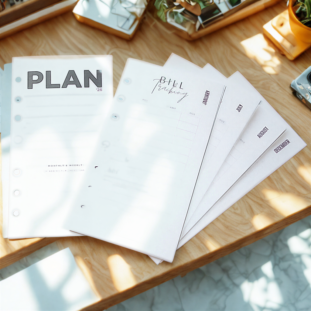 a wooden table with several white planners or notebooks on it. The planners have the word "PLAN" written on them, and they appear to be lined with writing prompts or to-do lists. There is also a potted plant and a small plant in the background, adding a touch of greenery to the scene.