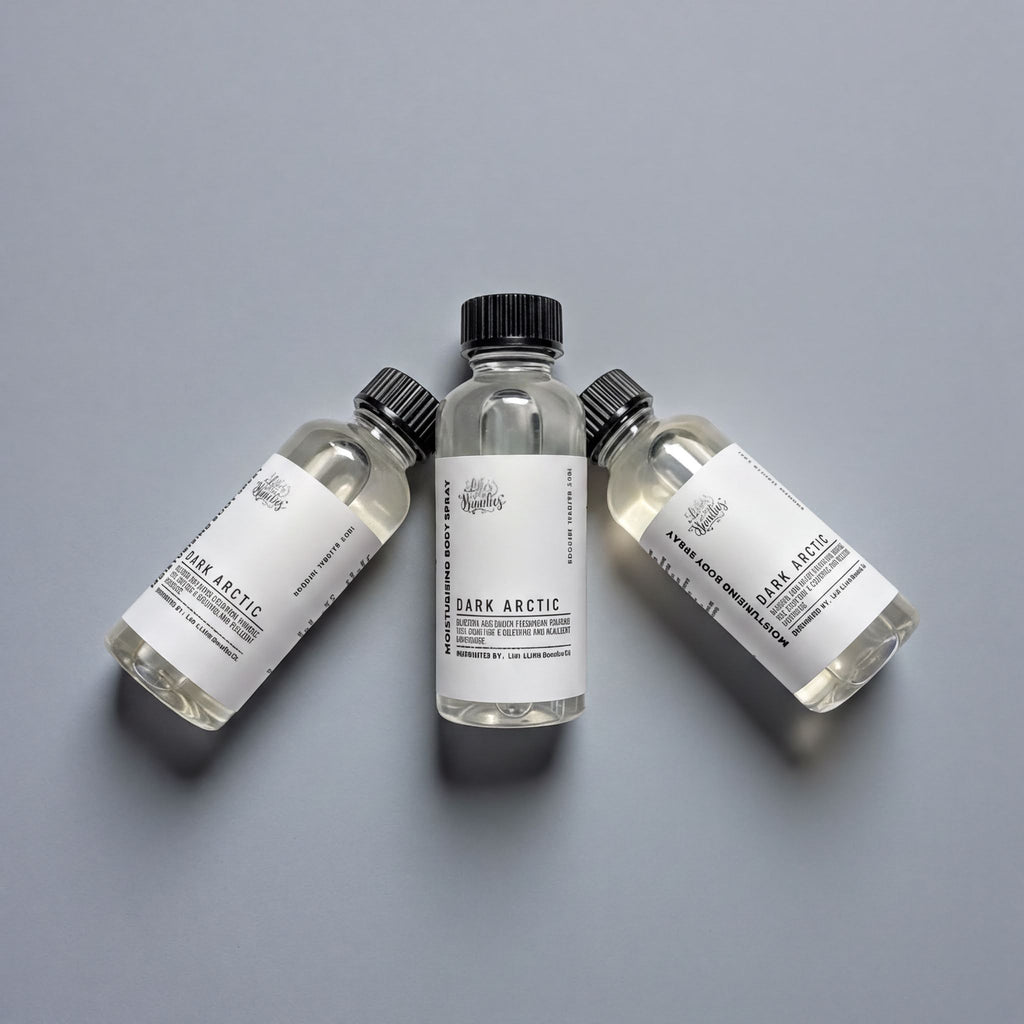 Three small glass bottles with black caps, each containing a clear liquid, are arranged in a triangular formation on a gray background.
