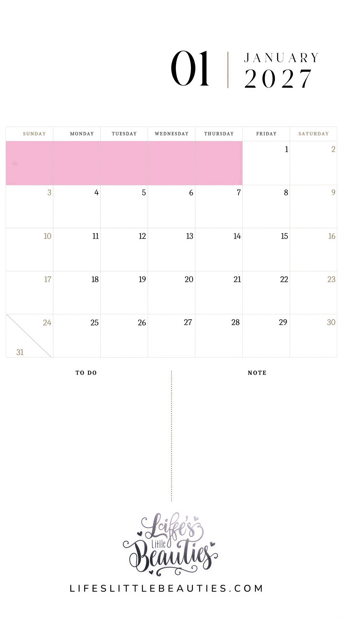 The image is a calendar for January, displaying the days of the week and the dates from January 1st to January 31st.