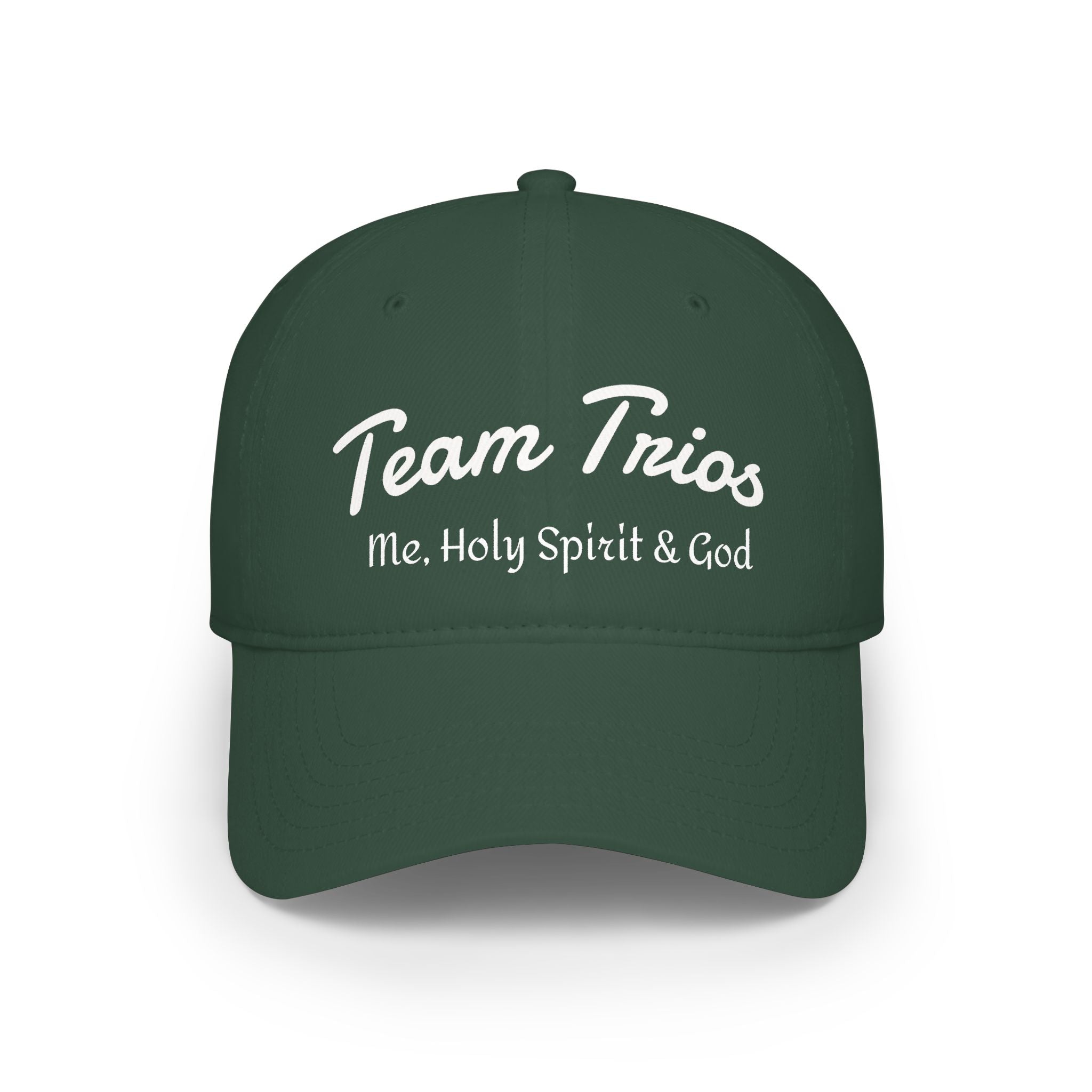 Dark green baseball cap with 'Team Trios Me, Holy Spirit & God' in white script text