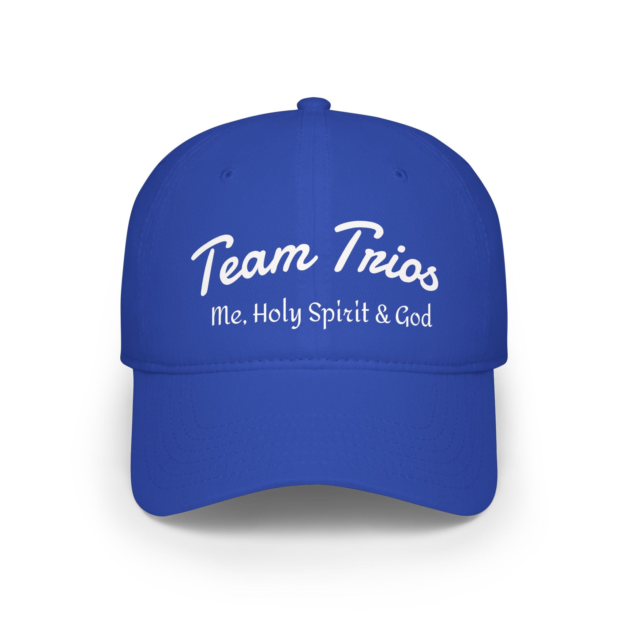 Blue baseball cap with 'Team Trios Me, Holy Spirit & God' text in white script
