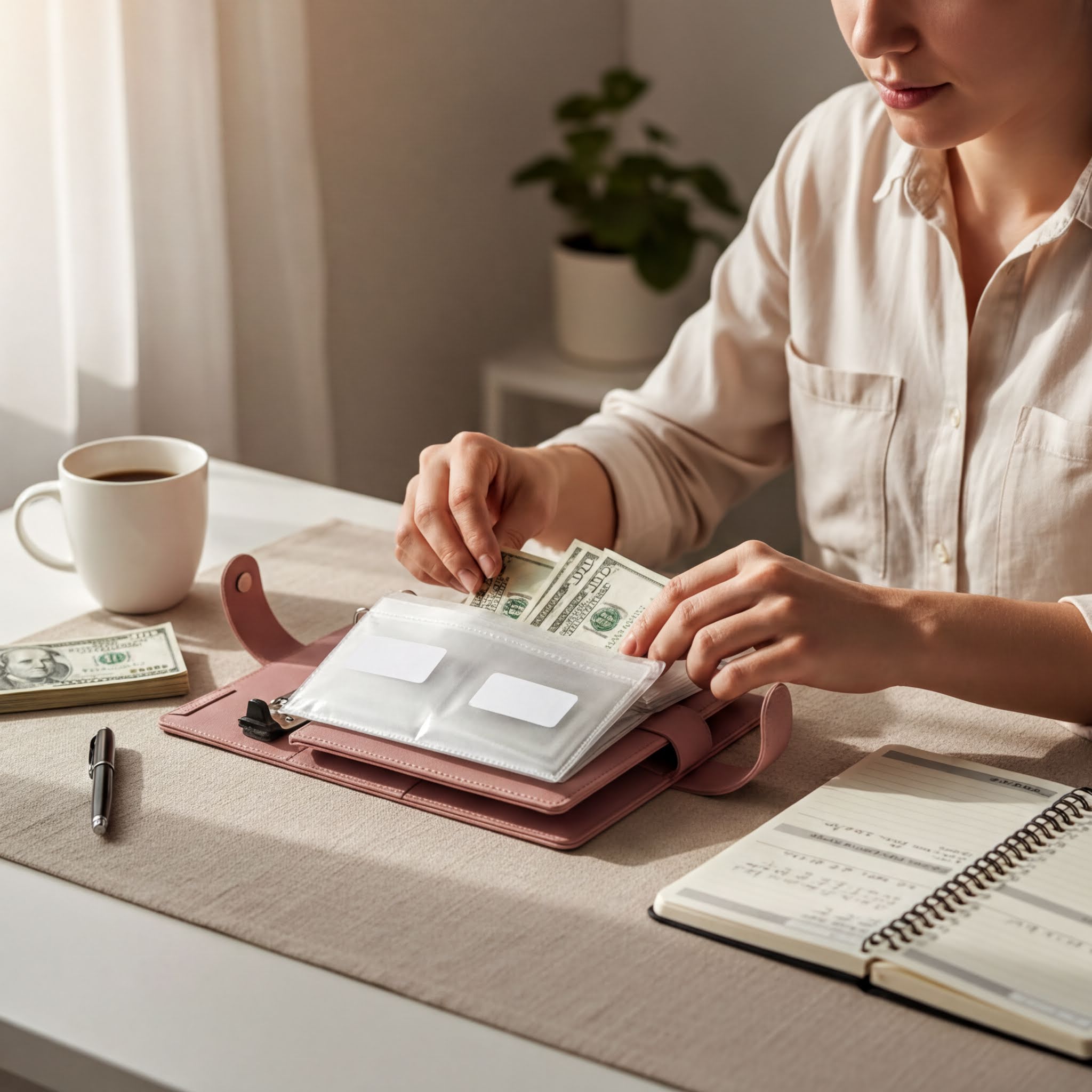 Woman organizing cash in pink wallet at desk with coffee and notebook