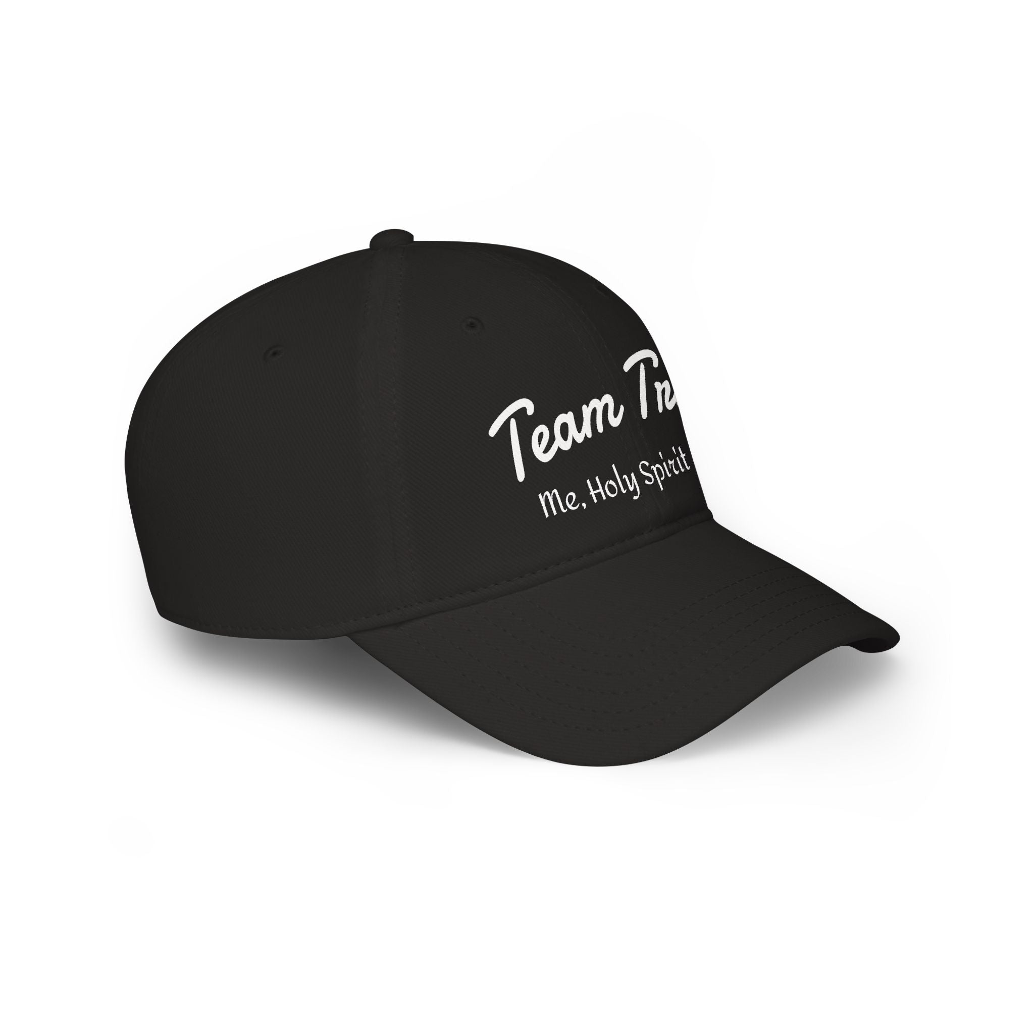 Black baseball cap with 'Team Me, Holy Spirit' text in white script