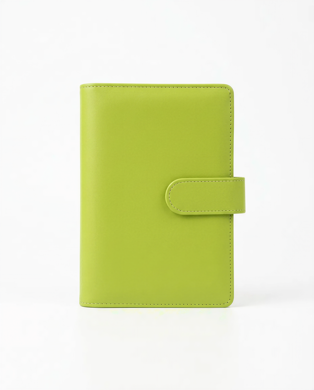 A bright green leather wallet or card holder is shown against a white background.