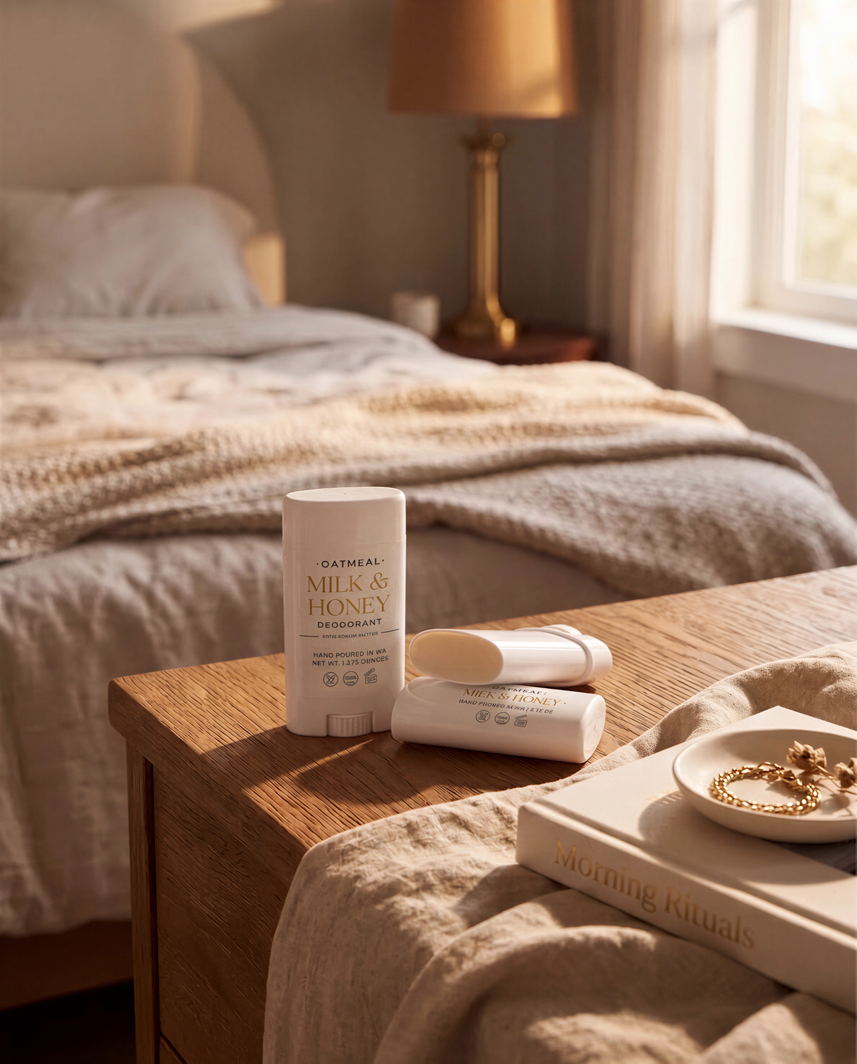 a cozy bedroom scene with a bed, a nightstand, and a wooden table. On the wooden table, there are two white deodorant sticks and a small white bowl containing a gold necklace.