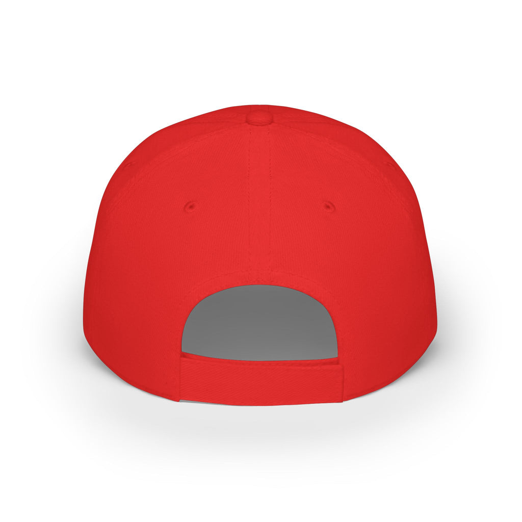 Red baseball cap back view with gray underbrim, solid color, clean design