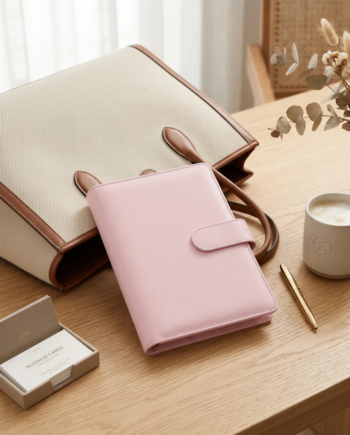 a pink leather-bound notebook, a beige handbag, a pen, a business card holder, and a coffee cup on a wooden surface.