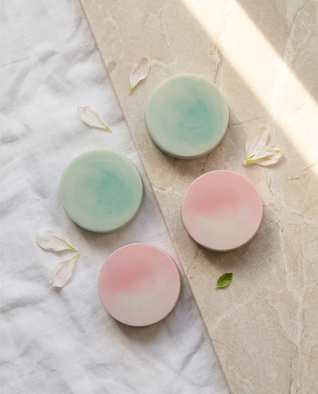 four circular soaps with different colors - green, pink, and white - arranged on a marble surface. There are also a few white flower petals scattered around the soaps.