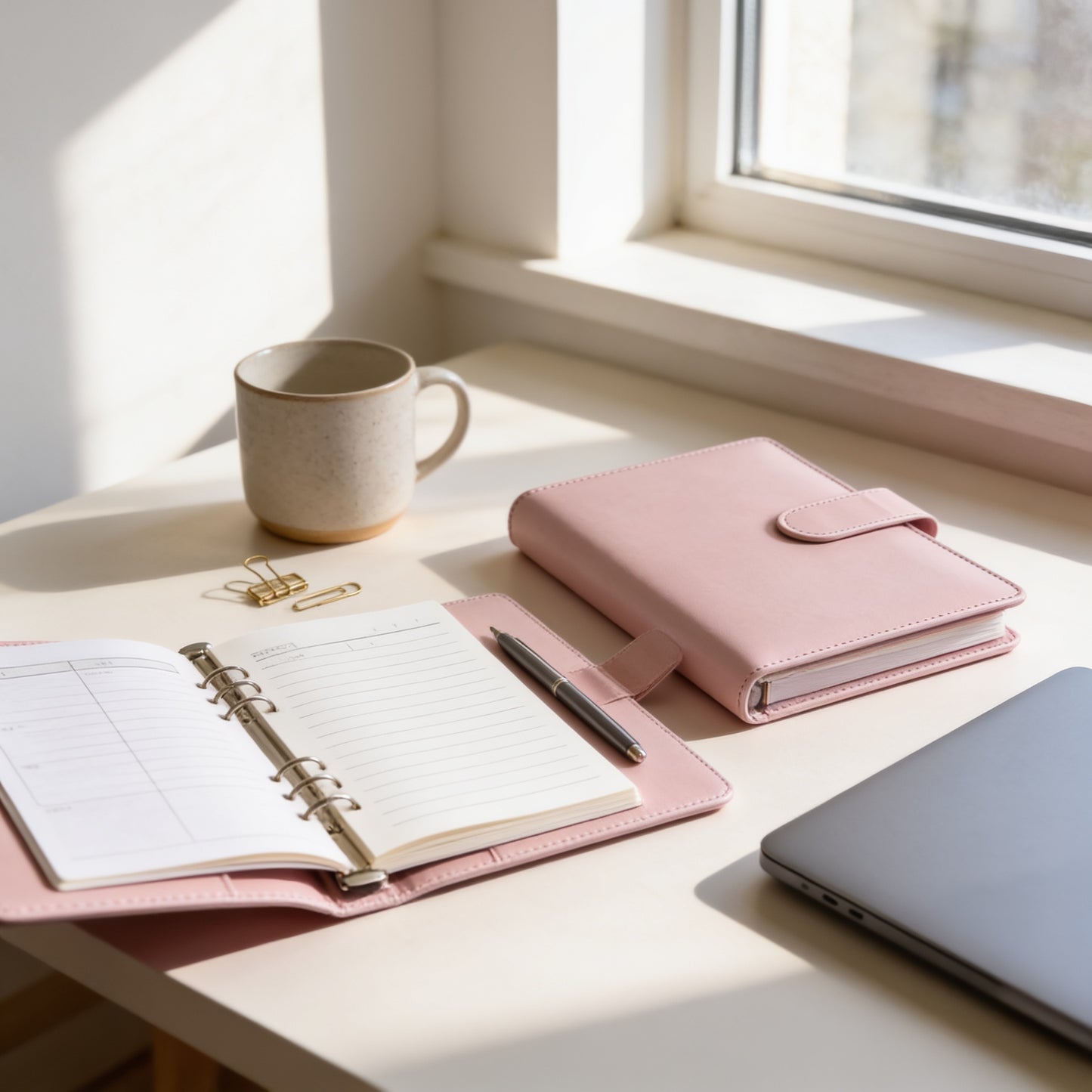 A pink notebook, a mug, and a laptop are arranged on a desk near a window, creating a cozy and organized workspace.