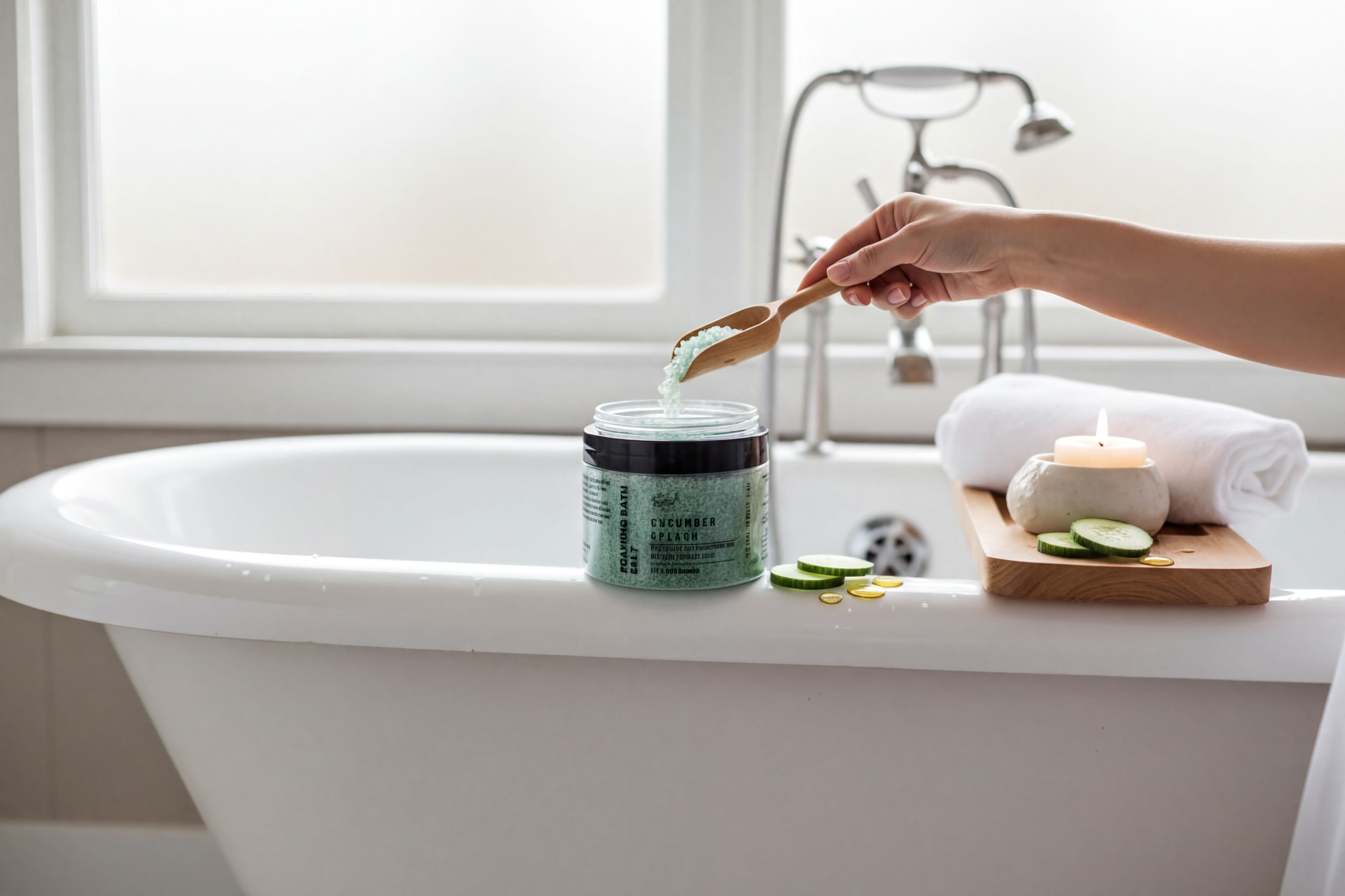 A hand is pouring a green substance from a jar into a white bathtub, which is situated in a bathroom with a window and a candle.