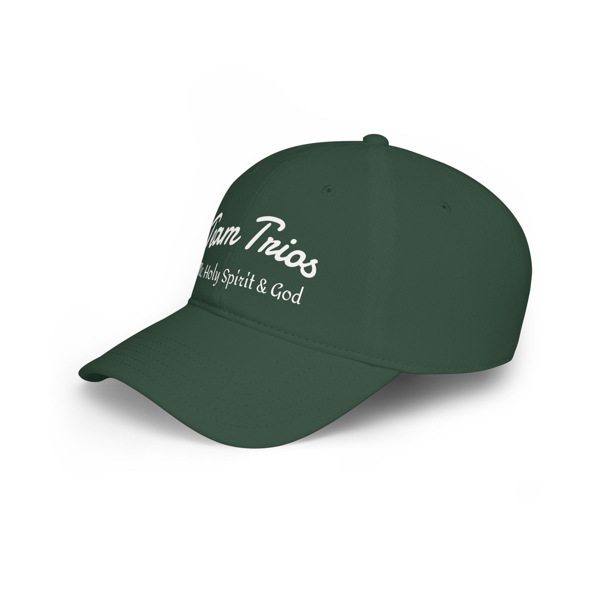 Dark green baseball cap with 'Team Trios' and 'Holy Spirit & God' in white script text.