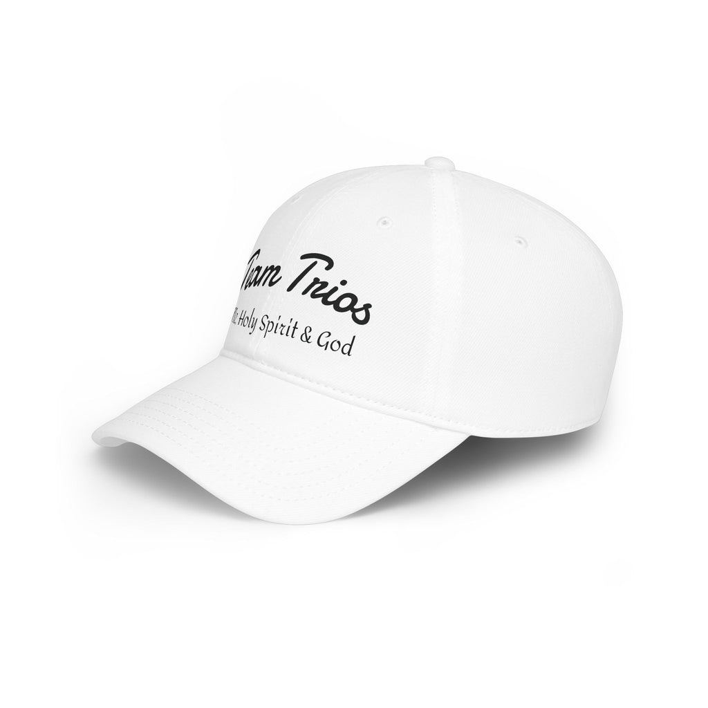 White baseball cap with 'Team Trios' and 'Holy Spirit & God' text in black script