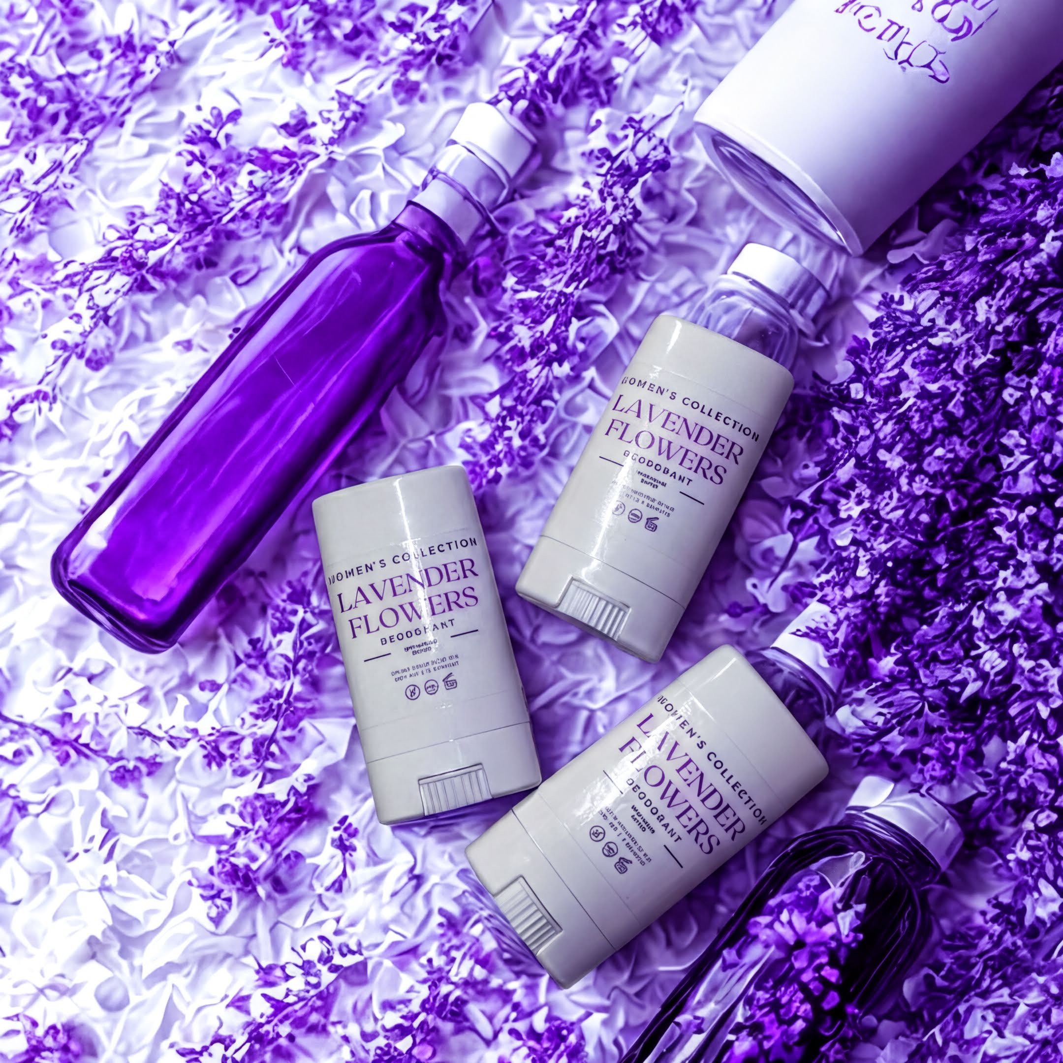 three bottles of lavender-scented products, including a purple bottle and two white bottles, arranged on a background of purple flowers.