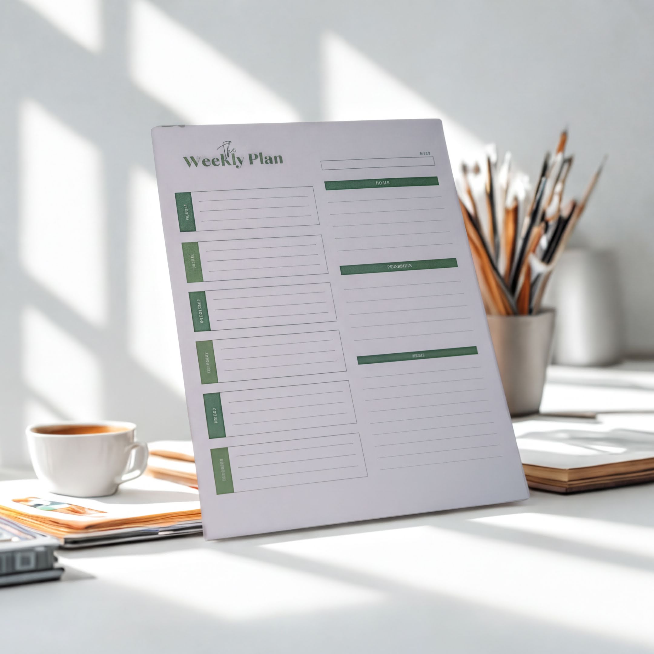 a white weekly plan sheet with a cup of coffee and a pencil holder with colored pencils on a desk.