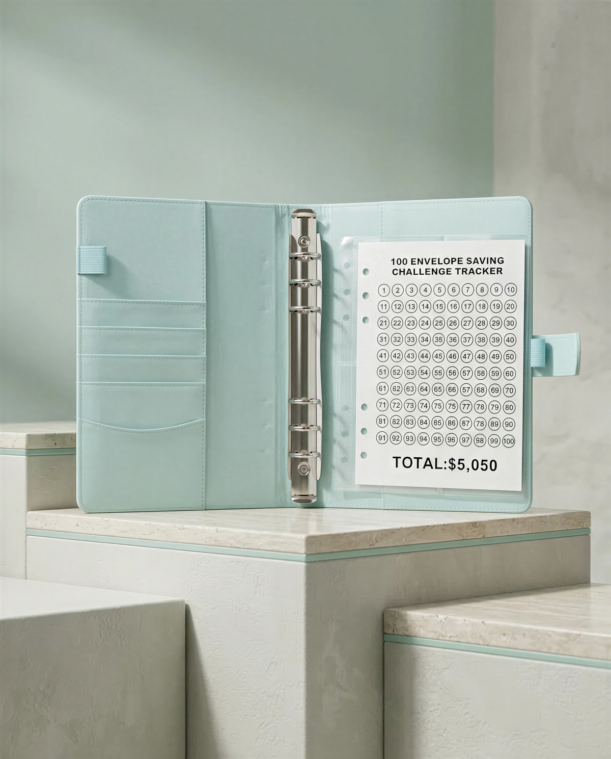 A mint green binder with a page displaying a savings challenge worksheet, titled "The envelope saving challenge".