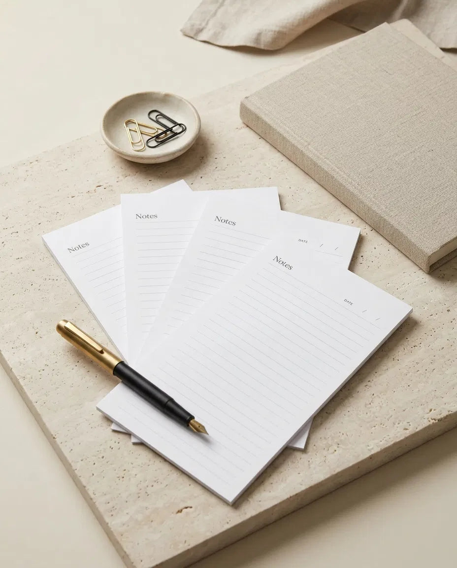 a collection of stationery items, including lined notebooks, a pen, and a small bowl containing multiple black clips.