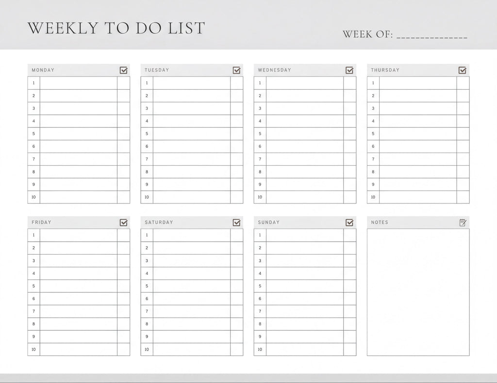 The image is a weekly to-do list with a blank space for each day of the week, allowing for the addition of tasks and notes.