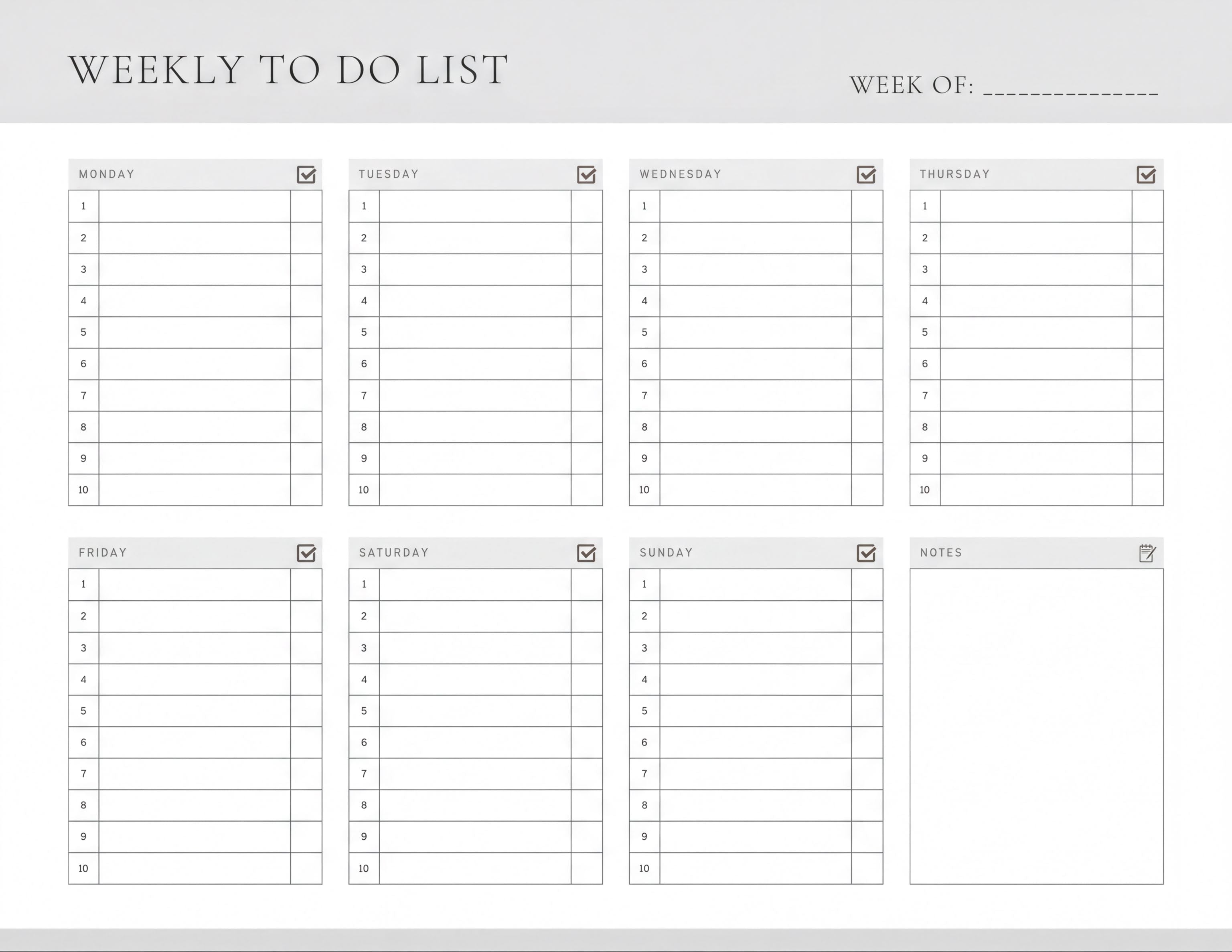 The image is a weekly to-do list with a blank space for each day of the week, allowing for the addition of tasks and notes.