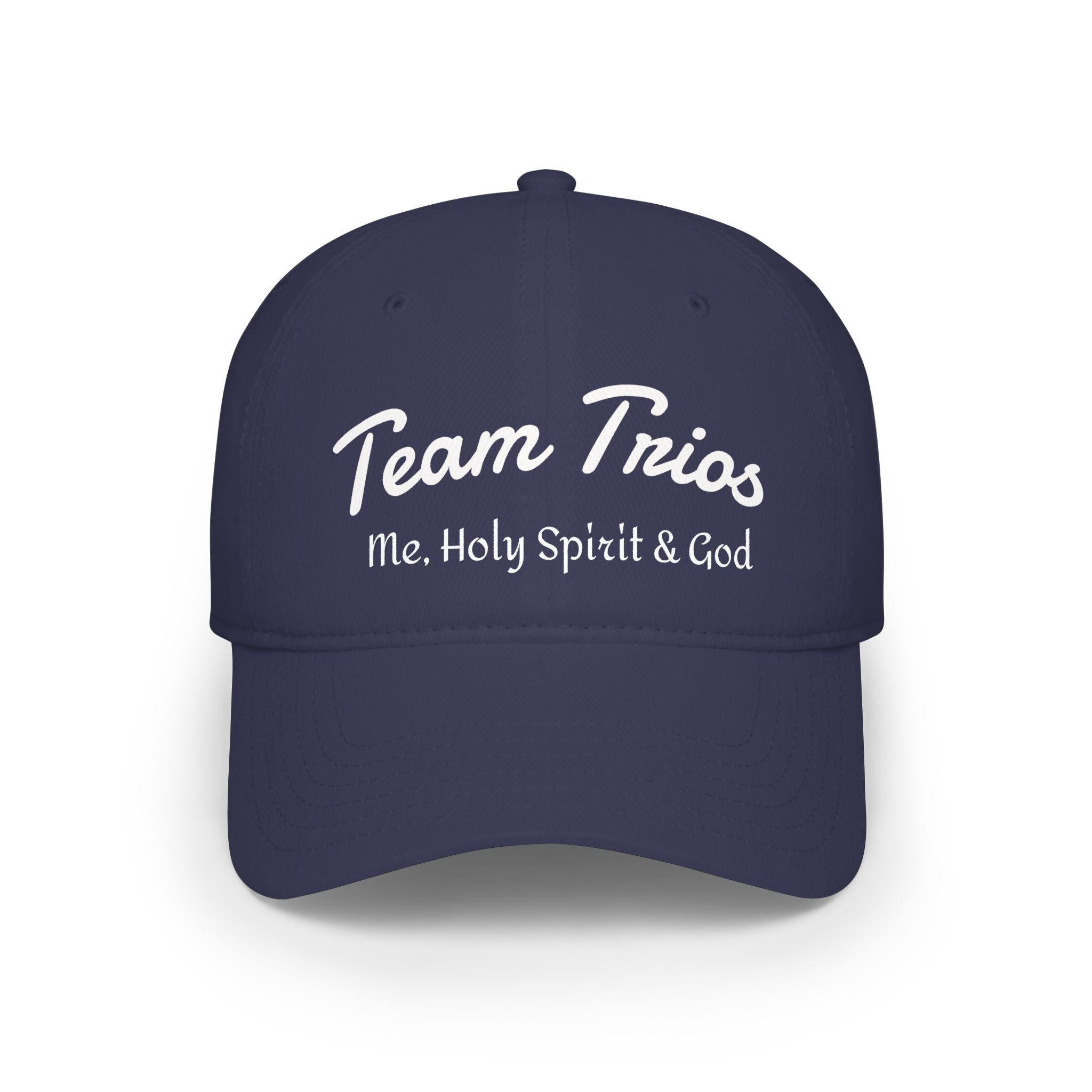 Navy blue cap with 'Team Trios: Me, Holy Spirit & God' in white script text.