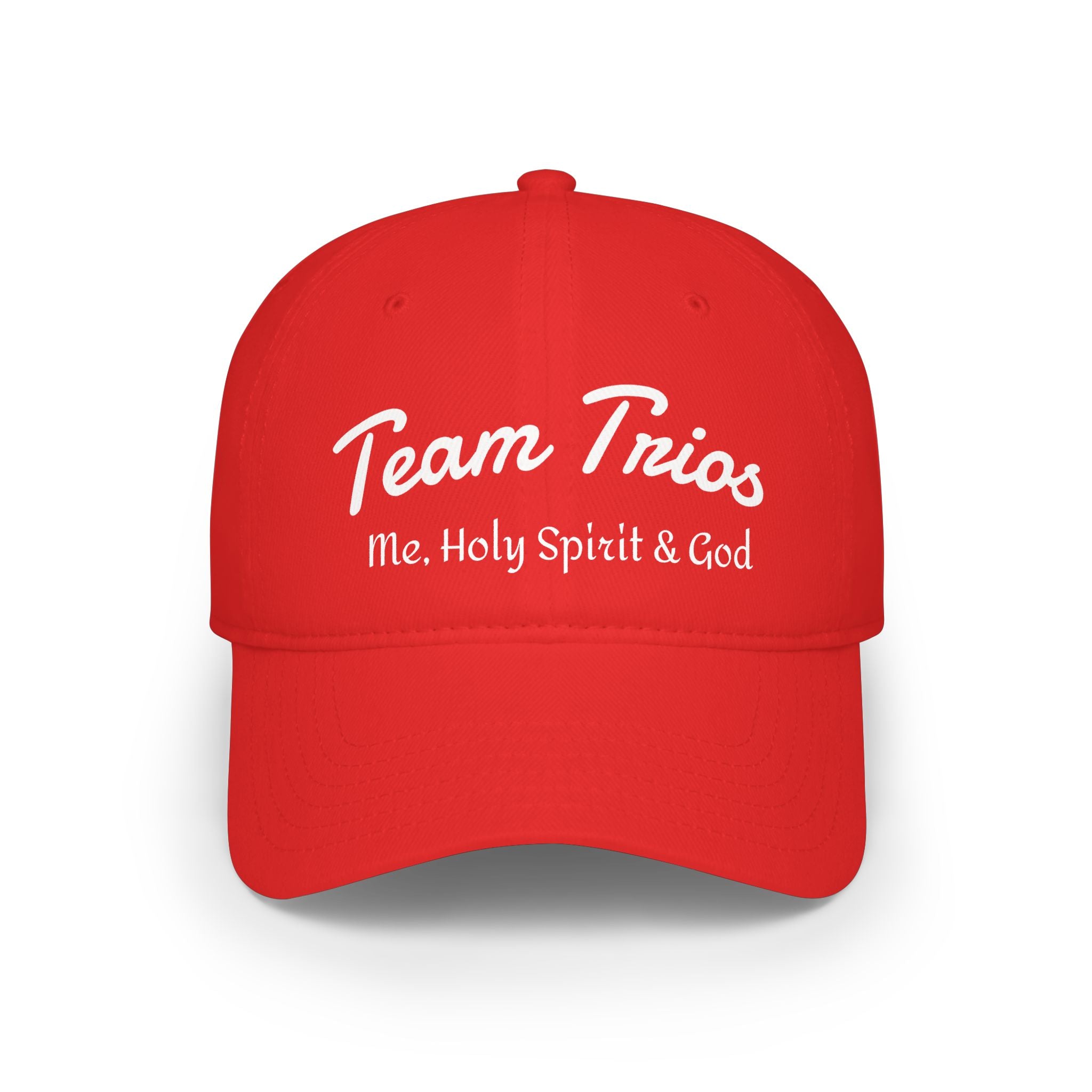Red baseball cap with 'Team Trios Me, Holy Spirit & God' in white script text