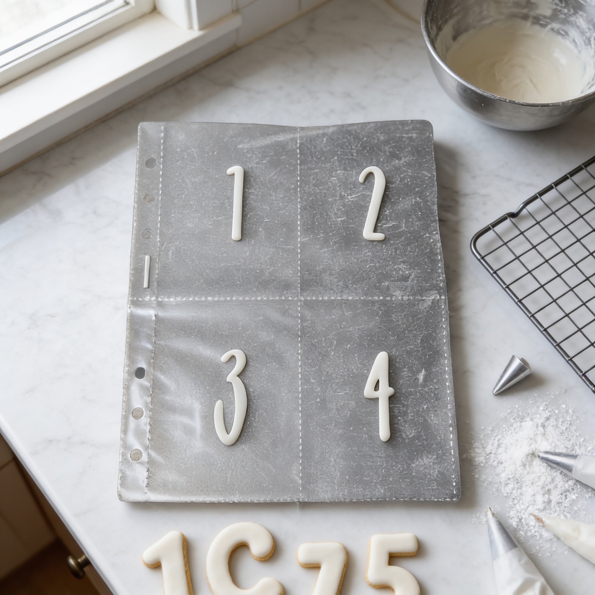 a kitchen counter with various baking supplies and tools, including a silver tray with numbers 1, 2, 3, and 4, as well as a bowl of ingredients and a wire cooling rack.