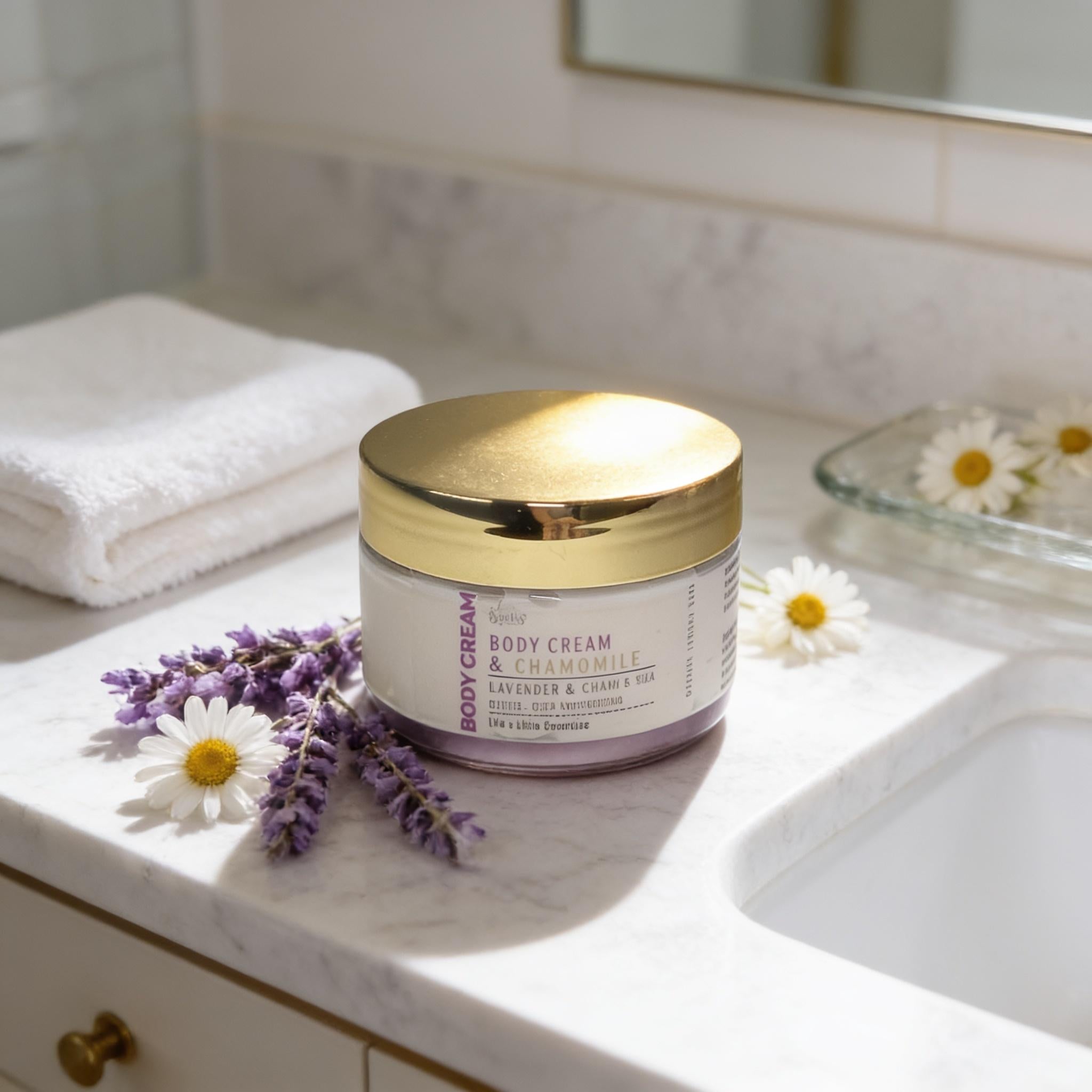 A jar of Body Cream with chamomile and lavender is placed on a white marble countertop, surrounded by a few white daisies.