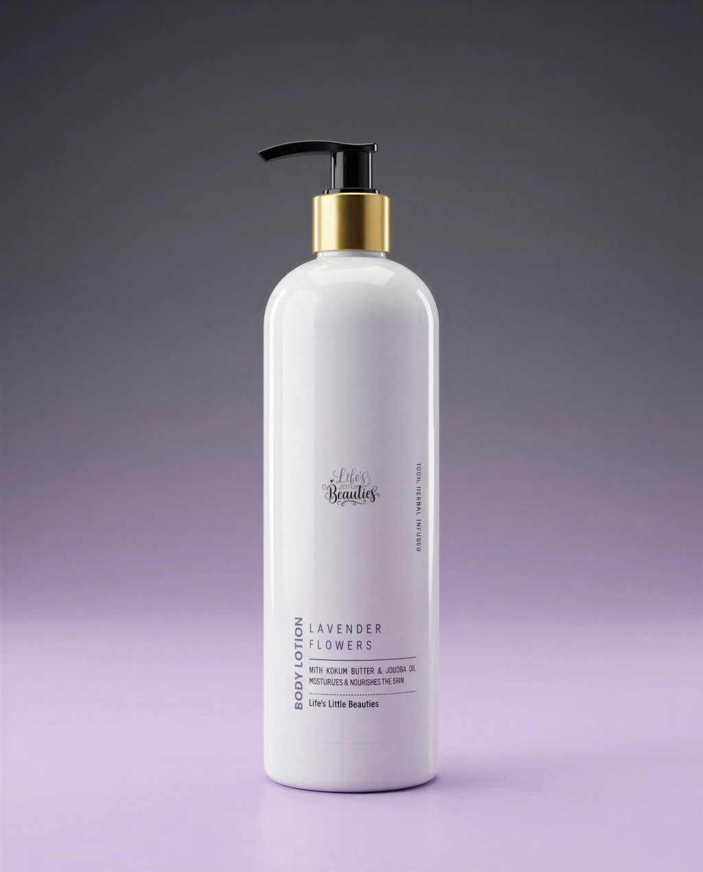 A bottle of body lotion with a pump dispenser, labeled as lavender-scented.