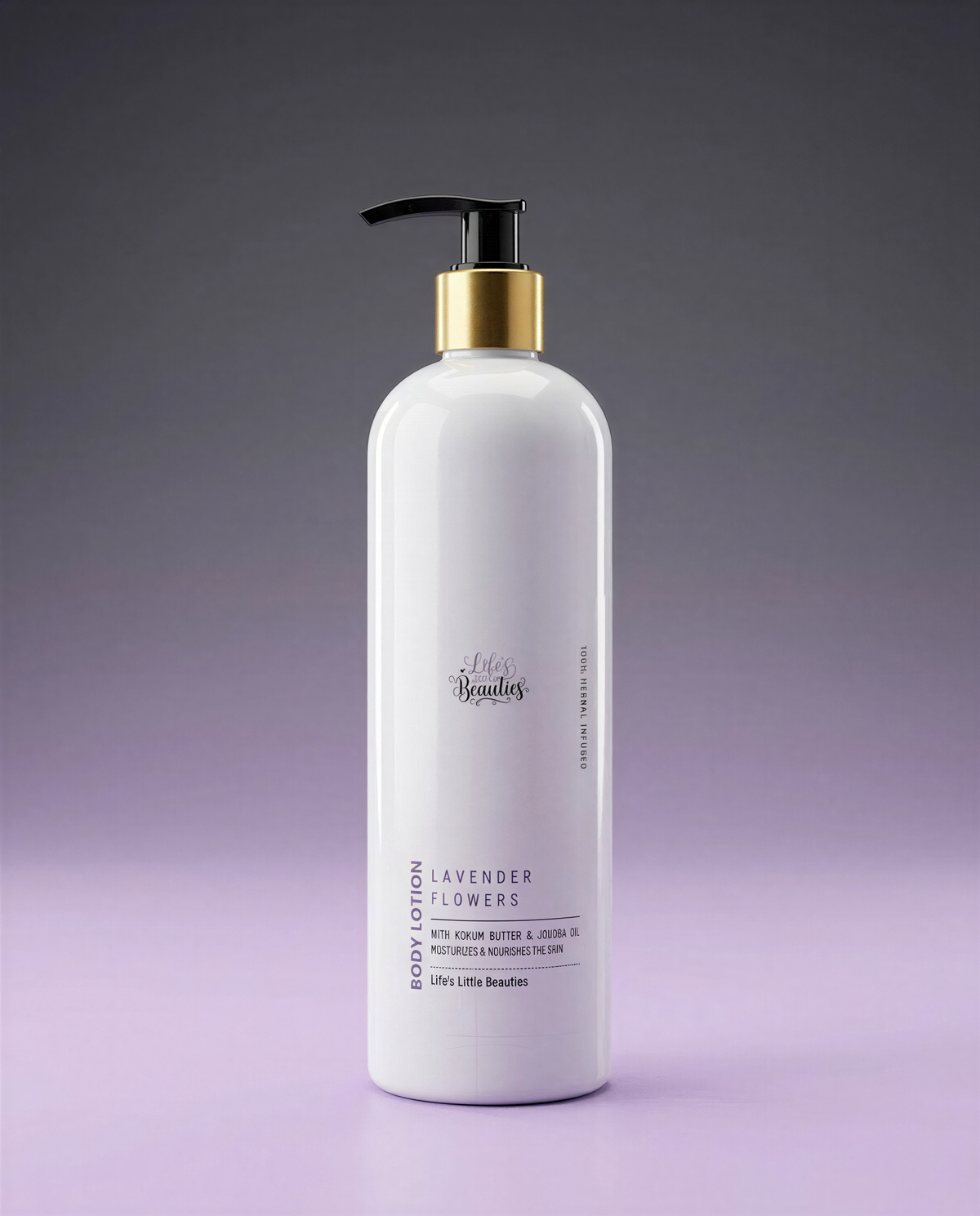 A bottle of body lotion with a pump dispenser, labeled as lavender-scented.