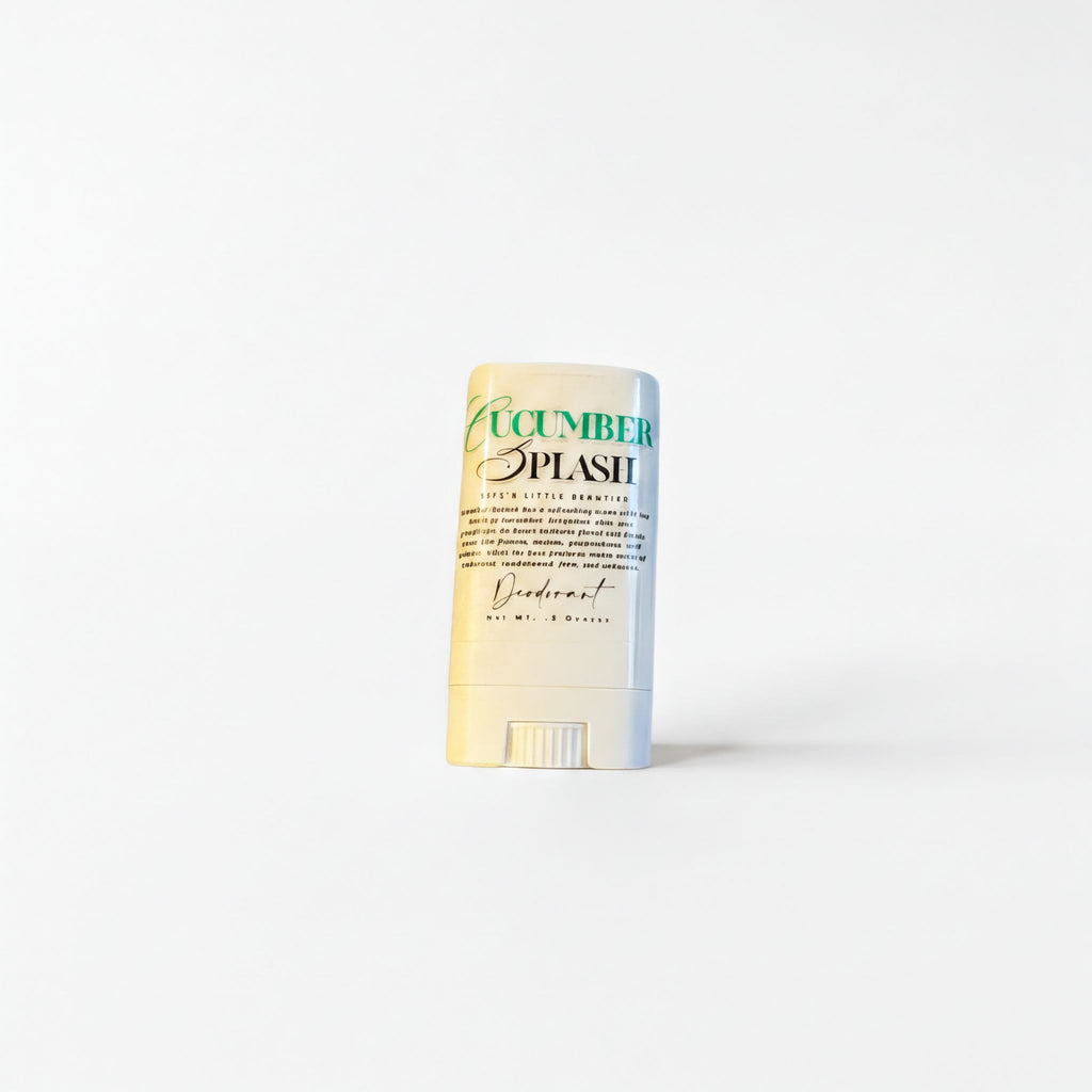 A cucumber-flavored deodorant stick with a white and green label, placed against a white background.