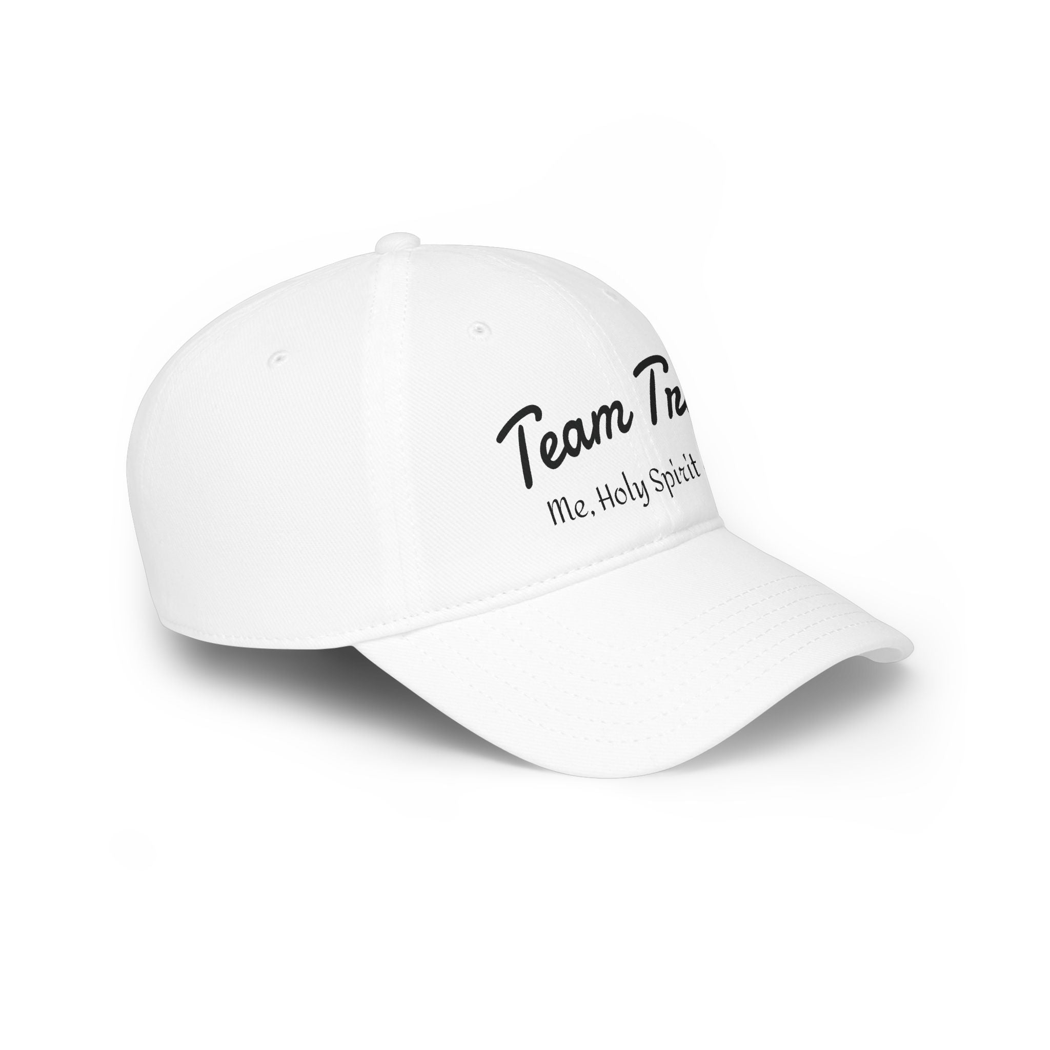 White baseball cap with 'Team Me, Holy Spirit' text in black script