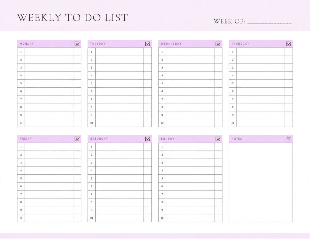 The image is a weekly to-do list with a pink background and white text. It includes a list of tasks and days for each week, with checkmarks indicating completed tasks.