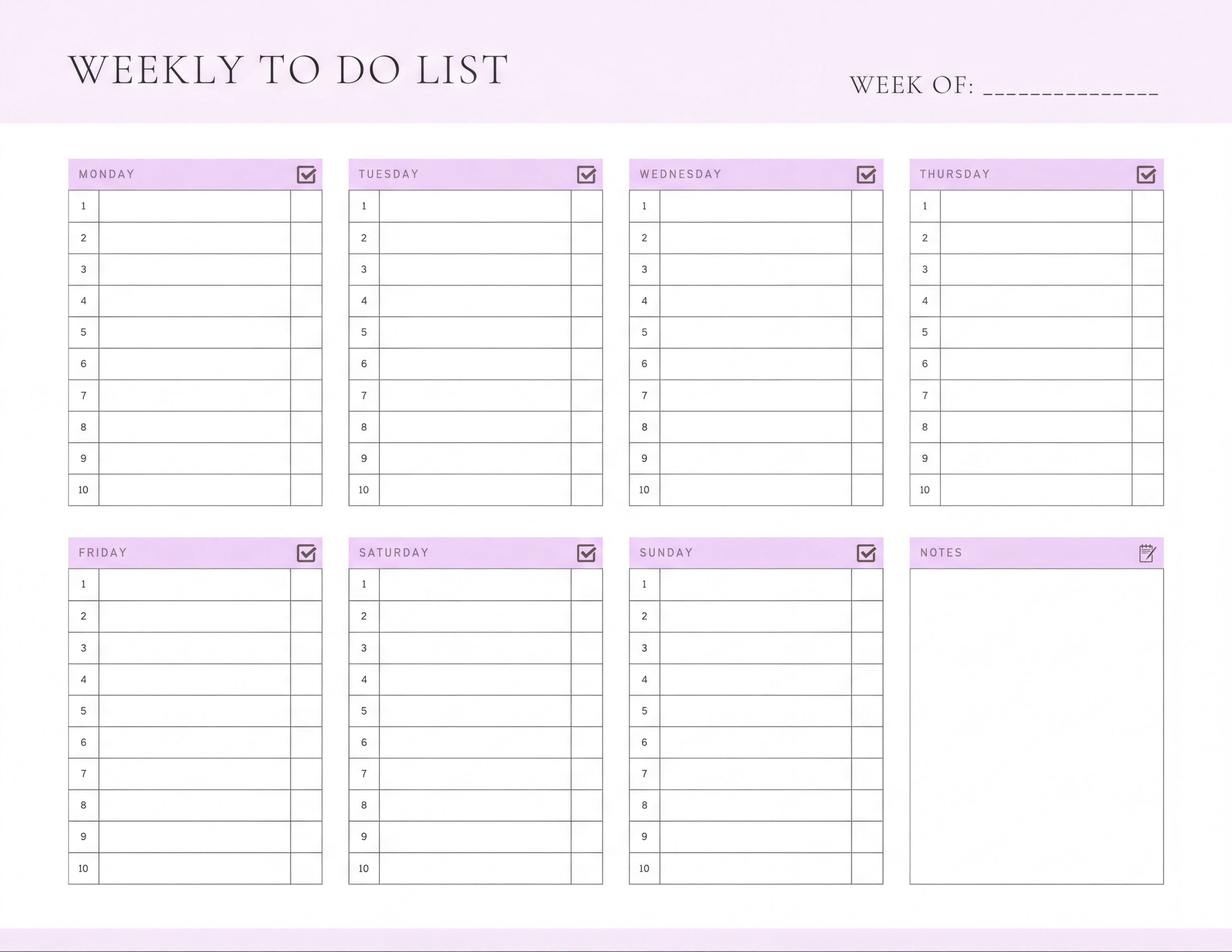 The image is a weekly to-do list with a pink background and white text. It includes a list of tasks and days for each week, with checkmarks indicating completed tasks.