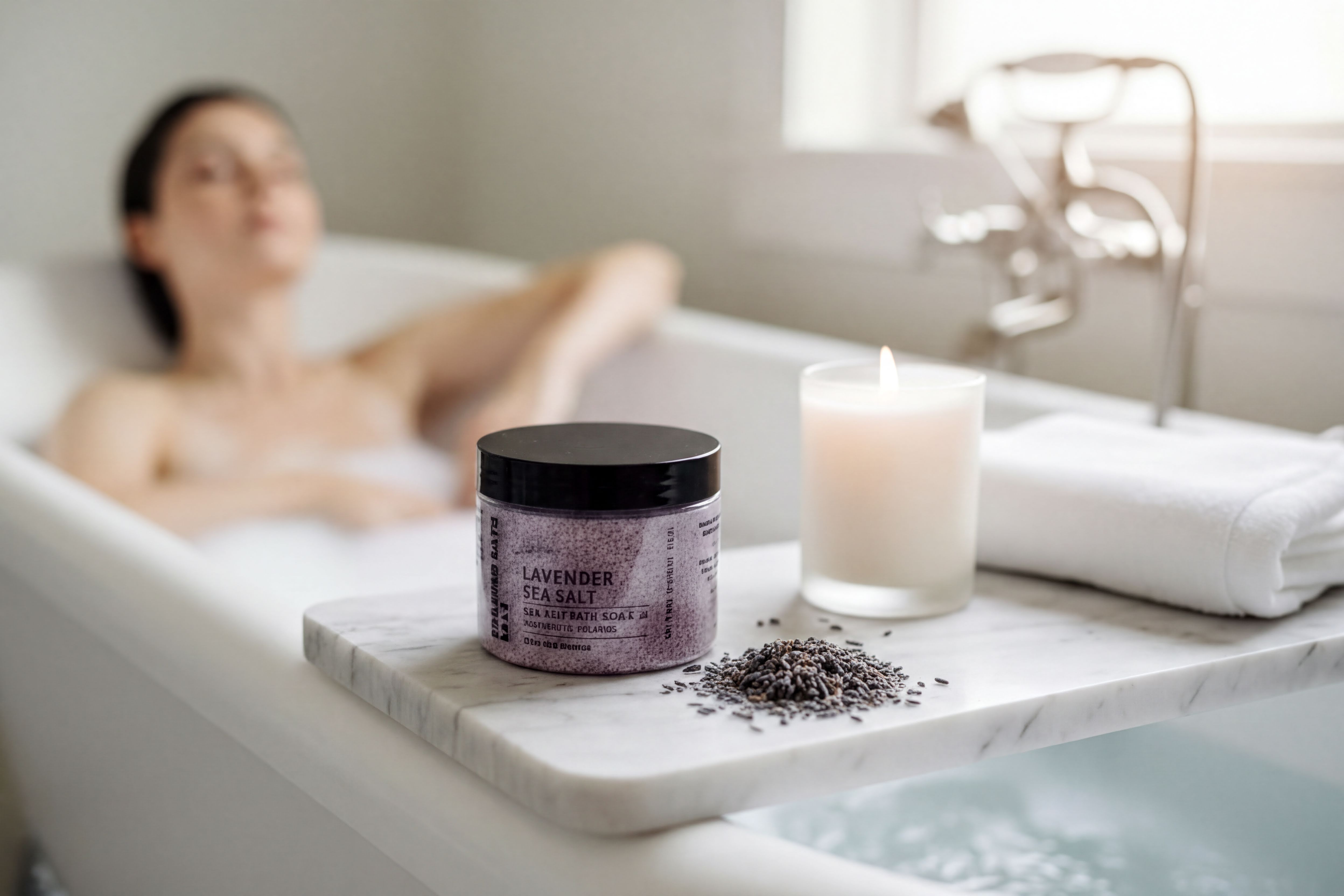 A woman relaxing in a bathtub, with a jar of lavender-scented bath salt and a lit candle nearby.